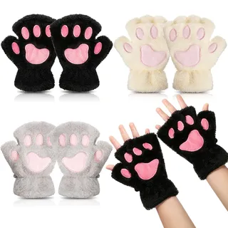 Geyoga Katzenpfote Handschuhe 3 Paare Kawaii Handschuhe Katzenpfoten Cosplay Kunstpelz Plüsch Katzen Handschuhe Löwenpfoten Fingerlose Handschuhe für Mädchen Frauen (Schwarz, Weiß, Grau)