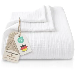 LAYNENBURG Premium Musselin Tagesdecke 220x240 cm XXL - 100% Baumwolle - extraweiche Baumwolldecke als Kuscheldecke, Bett-Überwurf, Sofa-Überwurf, Couch-Überwurf - warme Sofa-Decke (Weiß)