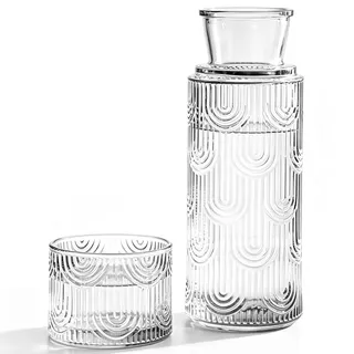 Kompaktes 2-in-1-Design, Nachttisch Wasserkaraffe Mit Glas 21.6 Oz/630ml, wasserkaraffe mit deckel bewahrt Getränke zuverlässig vor Staub und Verunreinigungen. (Transparent)