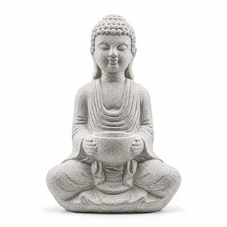 Buddha Figur mit Teelichthalter, Steinfigur 30 cm, Zen Garten Deko | Sitzende Thai-Buddhafigur in heller Steinoptik mit Patina – stimmungsvolle Deko für Wohnraum, Wellness und Terrasse
