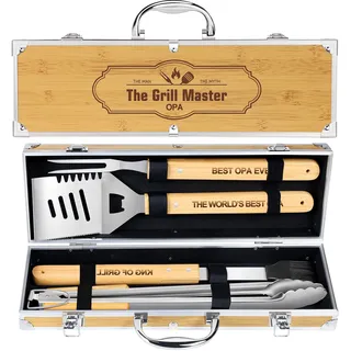 OPa Geschenke,4 Stücke BBQ Grillbesteck Set Edelstahl Grillzubehör für Männer Geschenk Geburtstag Hochwertiger Grillutensilien Set Koffer mit Grillkoffer für Garten und Camping