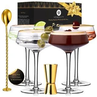 Vemacity Elegante Espresso Martini Gläser| Handgefertigte Cocktailgläser Set | Ideal Champagner Schalen und Champagner Gläser (4er Set Vintage, 300ml)