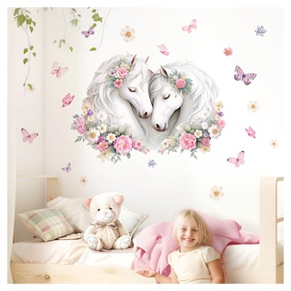 Little Deco Wandtattoo Pferde mit Blumen personalisiert Wandsticker Kinderzimmer Pferdekopf mit Namen Wandaufkleber Rosa Mädchen Babyzimmer Wanddeko DL5026-02