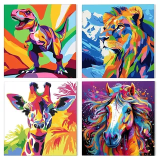 NAIMOER 4 Stück Dinosaurier Malen Nach Zahlen mit Rahmen Erwachsene, Tiere Malen Nach Zahlen Pferde Giraffen für Kinder Alter 8-12 mit Pinseln Painting Tiger für Anfänger 20x20cm