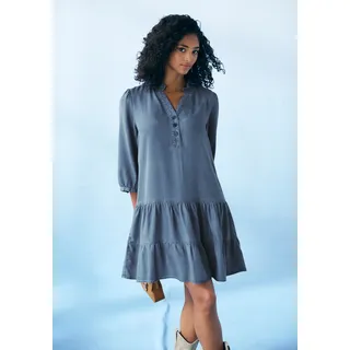 LASCANA Jeanskleid "mit Rüsche am Kragen und kurzer Knopfleiste, Blusenkleid" Ohne Taschen Sommerkleid aus weicher Lyocellware, lockeres Tunikakleid, Festival, denim, blau