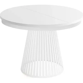 Esstisch Rund Ausziehbar mit Lamellen im Loft-Stil – 100 bis 180 cm – Industrieller Tisch mit Weißen Metallbeinen, Platzsparend für Wohnzimmer oder Esszimmer – Weiß - Weiß