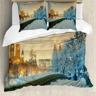 ABAKUHAUS Winter Bettbezug, New York Central Park, Milbensicher Allergiker geeignet mit Kissenbezügen, 200 cm x 200 cm - 80 x 80 cm, Orange Weiß Olivgrün