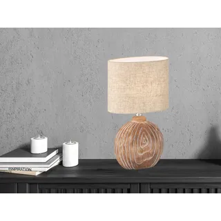 LED Tischlampe mit Keramikfuß Holzoptik & Lampenschirm Leinen Beige, Höhe 39cm