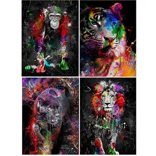 SHEGZHUC 4er Set Diamond Painting Tiger, Löwe, Leopard, Affe - Runde Diamanten, Mehrfach-Werkzeug, HD-Leinwand, Erwachsene & Kinder