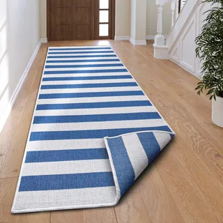 Läufer OTTO HOME "Alan Wendeteppich" Gr. 13, blau (blau, weiß), B:80cm H:5mm L:350cm, Kunstfaser, Teppiche, Läufer, Beidseitig nutzbar, Streifen, Scandi, wetterfest, für In- und Outdoor
