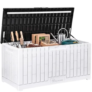 YITAHOME Gartenbox Wasserdicht, 450 Liter Groß Outdoor Garten Auflagenbox, Abschließbarem kissenbox Wetterfest Garten Aufbewahrungsbox mit Seitengriffen für Gartengeräten Poolzubehör,Schwarz & Weiß