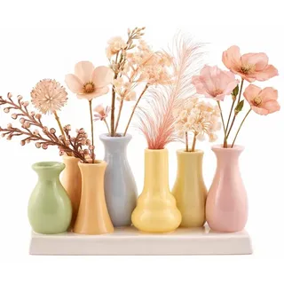 Dekovase Handgefertigte kleine Keramik Deko Blumenvasen Set aus kleinen Vasen, bunt & weiß, dekorative Keramikvasen auf Sockel für Trockenblumen, hübsche Mini Vase (Vase (7er) bunt V2-20cm)