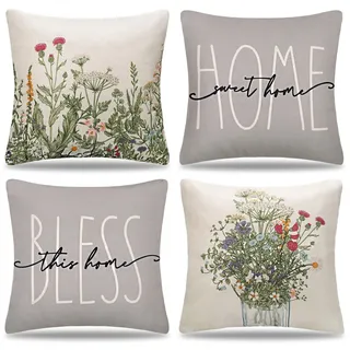 DakTou Kissenbezug 50x50 Blumen Outdoor Kissen Deko Kissenhülle Frühling Sommer Grün Pflanze Sofakissen Dekokissen Kissenbezüge für Sofa Couch Cafe Wohnzimmer Garten Haus Dekoration 4er Set