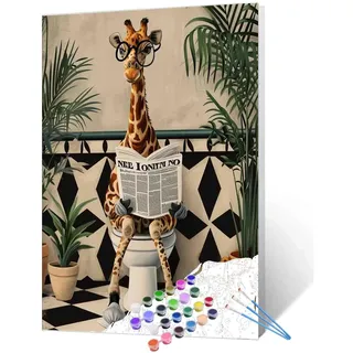 Tucocoo Malen nach Zahlen für Erwachsene, Motiv: niedliche Giraffe auf Toilette, einfaches DIY-Ölgemälde-Set auf Leinwand mit Pinseln und Acrylpigment, lustiges nordisches Tier-Badbild für