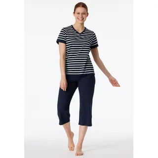 Schlafanzug SCHIESSER "Casual Essentials", Damen, Gr. 42, blau (804, nachtblau), Single Jersey, Obermaterial: 100% Baumwolle, gestreift, unifarben mit Farbeinsatz, regular fit 3/4-Länge, V-Ausschnitt, Homewear-Sets Schlafanzug, mit modisch umgeschlagenen Ärmeln