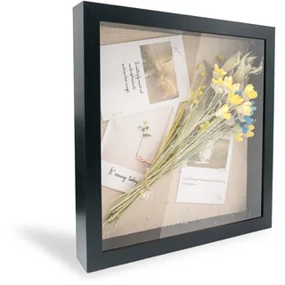 GraduationMall Schwarz 3D Bilderrahmen Tief Objektrahmen 28x28 cm Schwarzen mit Glasscheibe zum Befüllen für Blumen Medaillen Tickets Wand
