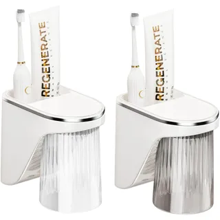 OUZHOU 2 Stück Zahnbürstenhalter, Zahnputzbecherhalter Ohne Bohren Mit Magnetischem Bechern und Aufbewahrungsbox, Zahnbürstenhalter Wand Zahnputzbecher Kinder, Toothbrush Holder für Familien Bathroom