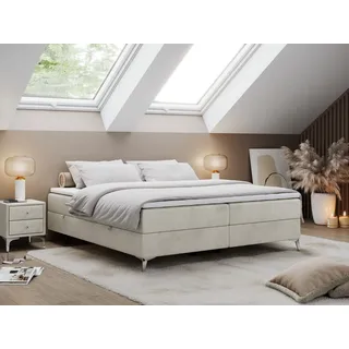 MKS Meble Boxspringbett ohne Kopfteil mit Bettkasten, Bett niedriges Kopfteil, Polsterbett ohne Kopfteil - LESS - 200x200 - Beige - H3 - Beige