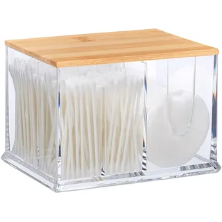 Relaxdays Wattestäbchen Aufbewahrung, Acryl, Bambus, Box mit Deckel, Kleiner Ohrstäbchen Spender Bad, transparent/Natur