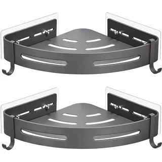 GRICOL Eckablage Duschkorb Duschregal ohne Bohren Duschablage Metall Mit 4 Haken Dusche Ablage Badregal mit Aufkleber Badezimmerregal für Bad und Küche 2 Etagen Grau