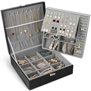Schmuckschatulle, Schmuckkästchen für Damen und Herren mit PU-Leder, 2-lagig, groß, mit Schloss, für Halsketten, Armbänder, Ohrringe, Ringe, Schmuck-Organizer, ideales Geschenk, Schwarz