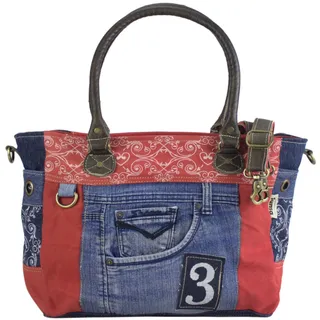 Sunsa Damen Tasche. Nachhaltige Umhängetasche. Handtasche Bag aus recycelter Jeans & Canvas in Vintage Stril. Rot/blau Schultertasche Crossover mit Verstellbarere Henkel (Blau Rot, 37x29x16 cm)