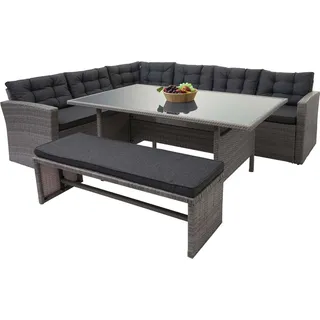 Poly-Rattan-Garnitur HWC-A29, Gartengarnitur Sitzgruppe Lounge-Esstisch-Set Sofa grau, Kissen grau + Bank - Grau
