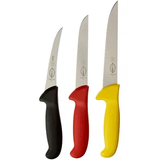 Friedr. Dick ErgoGrip Messerset 3-tlg. 13 cm Ausbeinmesser flexibel, 15 cm A. Messer breit, 18 cm Stechmesser Schwarz/Rot/Gelb