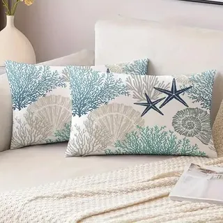 Miuyunya 2er Set wasserdichte Kissenbezüge Outdoor 30x50 cm Maritim Seestern Kissenbezüge Wetterfest Sommer Polster Kissenhülle Ozean Strand Dekorative Zierkissenbezüge für Sofa Wohnzimmer Frühling
