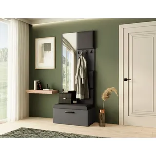 Garderobe MARGARET III, Farbe: Graphit + Schwarz, mit gepolsterten Paneelen, Spiegel und Kleiderhaken - Grau, Schwarz