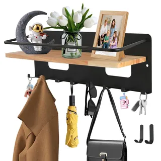 GEEKHOM Schlüsselbrett mit Ablage & 8 Haken – Holz Schlüsselhalter Wandmontage (Bohren) – Modern Schlüssel Aufbewahrung Wand Organizer Inkl. 2 Klebehaken für Flur, Küche, Eingangsbereich (schwarz)