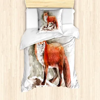 ABAKUHAUS Fuchs Mantele, Aquarell buschiger Schwanz Tod, Milbensicher Allergiker geeignet mit Kissenbezügen, 135 cm x 200 cm - 80 x 80 cm, Burnt Sienna White Brown - Weiß
