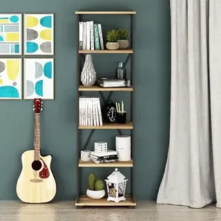 Homemania Bücherregal mit Regal, für Wand, Büro, Studio, Wohnzimmer, Walnuss, Schwarz, Holz, Metall, 51 x 30 x 162 cm, Spanplatte