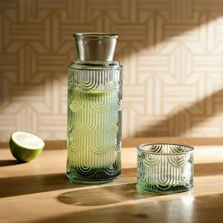 Gluckigluck Glaskaraffe mit Deckel, Wasserkaraffe Set mit Becher (630ml) - Borosilikatglas, Nachttisch Karaffe für Gästezimmer, Badezimmer & Wohnzimmer (Grün)