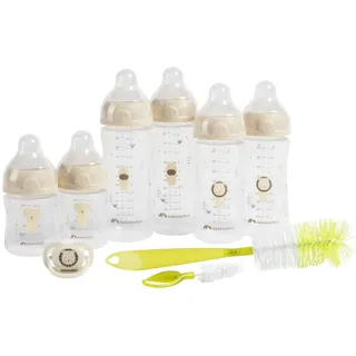 Bebeconfort Physio Air komplettes Flaschenset, Babyflaschen, 0+ Monate, mit 6 Babyflaschen, einem Schnuller und 2-in-1-Flaschenbürste, physiologisch geformte Schnuller und Sauger, Anti-Kolik-Ventil