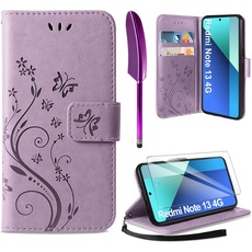 AROYI Lederhülle Kompatibel mit Xiaomi Redmi Note 13 4G(Nicht für 5G) Hülle und Schutzfolie,Wallet Handyhülle Leder Tasche Kartensteckplätzen Schutzhülle Kompatibel mit Xiaomi Redmi Note 13 4G Lila