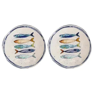 Teller im mediterranen Design mit Sardinen-Motiv | Maritime Speiseteller (26 cm), Suppenteller (21 cm) oder Dessertteller (20 cm) aus robusten Steinzeug, glattes Finish (2er Set Dessertteller (20cm))