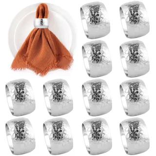 12 Stück Serviettenringe Silber, Rosenmuster Wiederverwendbar Serviettenring, Vintage Aushöhlen Metall Servietten Ring, Servietten Ringe für Hochzeitsfeier Weihnachten Familienessen Tischdekoration