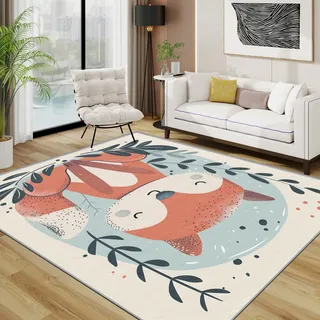 TerroVee Fuchs Teppich, Cartoon Wald Tiere Kleiner Teppich, Niedlich Kinderzimmer Waschbar Kurzflor Weich Teppiche Eingangsbereich Innen Küche, 60x90 cm, Orange-Rot Beige