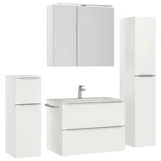 Nobilia Badezimmer , Weiß, Edelstahlfarben , Metall , 5-teilig , 5 Fächer , 3,2 Schubladen , G , 141 cm , Goldenes M, Made in Germany , Griffeauswahl, hängend, Zusatzausstattung erhältlich, Typenvielfalt , Badezimmer, Badmöbelsets & Badmöbelserien, Badmöbel-Sets