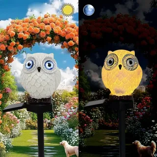 Solar Powered Weiße blaue Augen Eule Lichter, Garten dekoratives Harz niedliche Tier Bodenlampe, drahtlose Dämmerung zu Dawn LED warme Lichter wasserdicht.