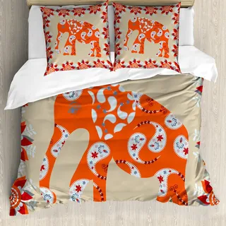 ABAKUHAUS Tier Bettbezug Set, Elefant in Paisley Floral Zeichnung ethnischen östlichen Stil traditionelle Ornament, 155 x 220 cm + 80 x 80 cm, Orange Weiß und Rot