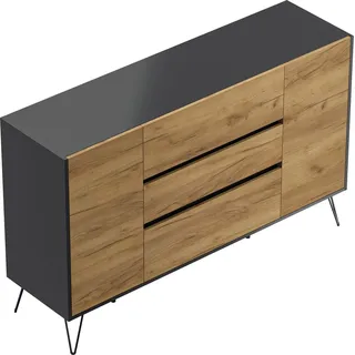 Posseik Sideboard Industrial O 3 Schubladen 2 Türen 155 cm Grafit Eiche Front