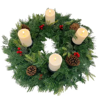 Gartenpirat Künstlicher Adventskranz Ø 60 cm mit 4 LED-Kerzen Flacker-Effekt Weihnachtskranz mit Tannenzapfen und roten Beeren geschmückt Adventsgesteck