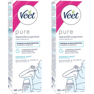 Veet PURE Haarentfernungscreme für Bikini & Achseln - Enthaarungscreme für sensible Haut - Minimum an Inhaltsstoffen & angenehmer Duft 200 ml (2x 100ml)