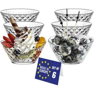 NORDIC SCHILLER Modern Dessertschalen Glas Set 6, 330ml 100% BLEI FREI Glas Schüsseln, Stapelbare Glasschalen, Puddingschalen, Dessert Schalen, Salatschüssel, Soßenschalen, Dessert Bowls
