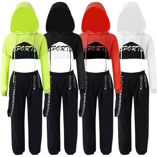 Barielle 10011 Dreiteiliges Hip Hop Outfit für Kinder, Hoodie mit Netzärmel, Crop Top, Cargohose mit Kettendesign, Tanzoutfit, Schwarz, 158-164