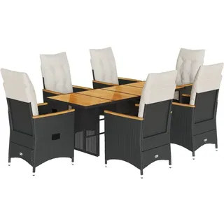 vidaXL 7-tlg. Garten-Essgruppe mit Kissen Schwarz Poly Rattan - Schwarz