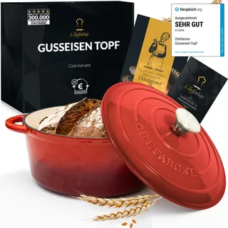 Gusseisen Topf 26 cm 4,7 L emailliert - Schmortopf mit Deckel Induktion - Gusseisen Bräter Topf Brot backen - Cocotte emaille - Bratentopf - Brotbacktopf