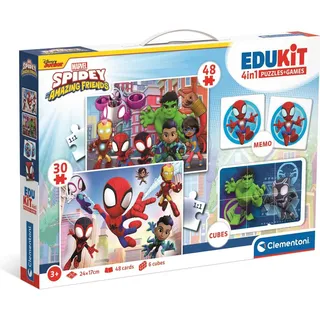 Clementoni Edukit 4 in 1 Spidey and His Amazing Friends (Memo, Puzzle 30 und 48 Stücke, 6 Würfel), pädagogische, für Kinder, Memory und Logik-Spiel, Hergestellt in Italien, Multicolor - 18295